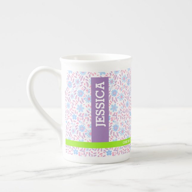 Floral Personalised Name & Monogram Bone China Mug (Left)