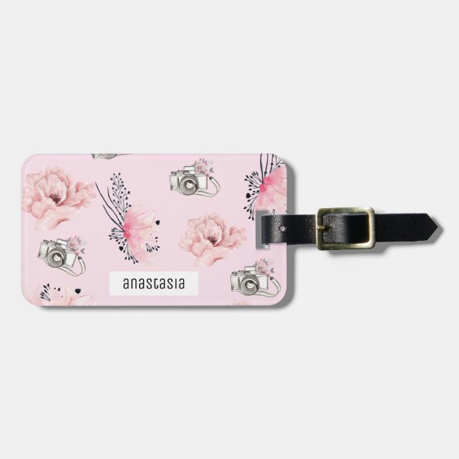 Floral Personalised Pastel Pink Luggage Tag (Front Horizontal)