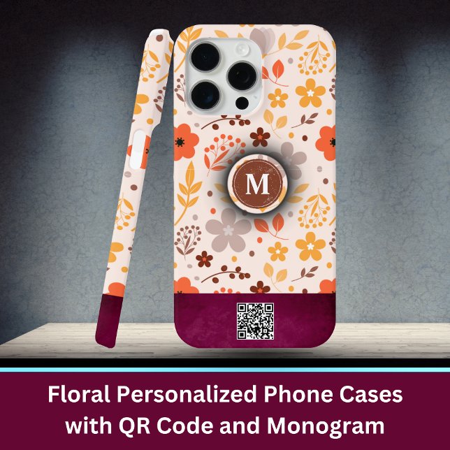 Floral Personalised Phone Cases with QR Code (Floral Personalized Phone Cases with QR Code and Monogram)