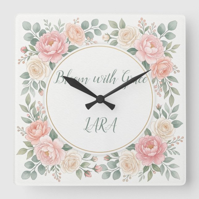 Floral Personalised Wall Clock Watercolor Flower (Front)
