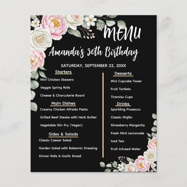 Floral Personalized Birthday Menu Program Card (Front)