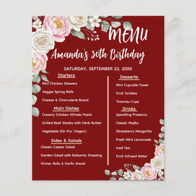 Floral Personalized Birthday Menu Program Card (Front)