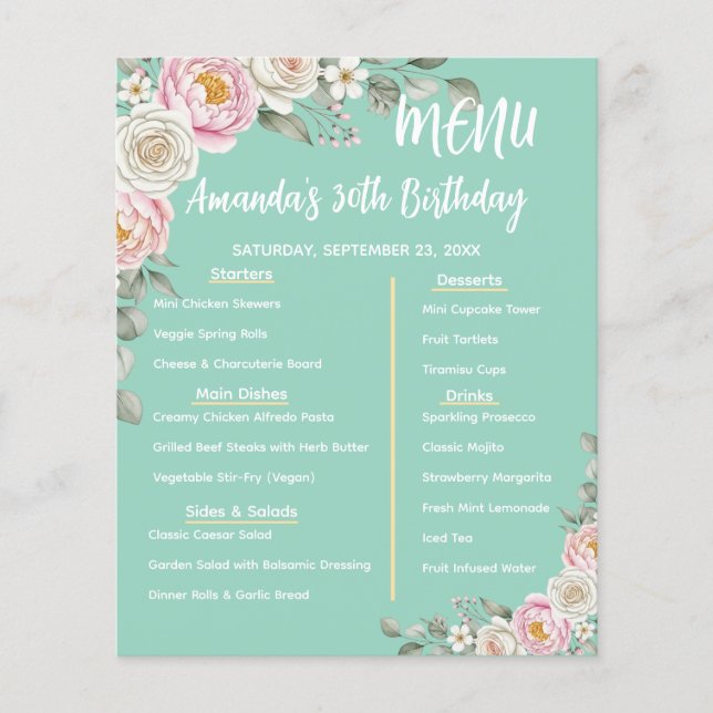 Floral Personalized Birthday Menu Program Card (Front)