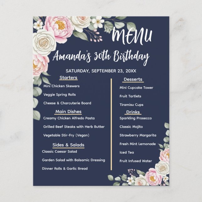Floral Personalized Birthday Menu Program Card (Front)