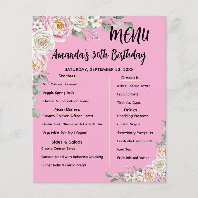 Floral Personalized Birthday Menu Program Card (Front)