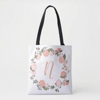 Floral personalized initial tote bag