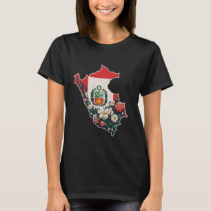 Floral Peru Map Flag Flowers women Girl Colourful  T-Shirt