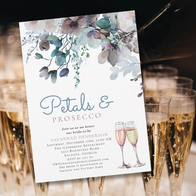 Floral Petals and Prosecco Blue Bridal Shower Invitation (Creator Uploaded)
