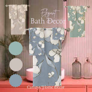 Floral Petals Cream Shades on Smokey Grey Bath Towel Set
