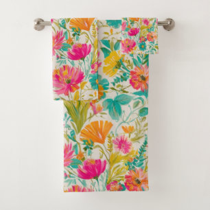 Floral Phoenix Pink & Orange Floral Bath Towel Set
