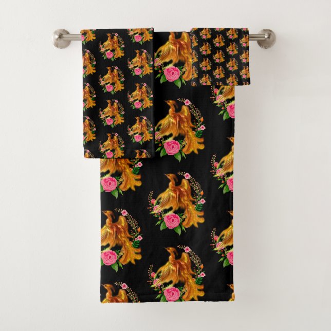 Floral Phoenix Rises From The Fiery Ashes Fantasy  Bath Towel Set (Insitu)
