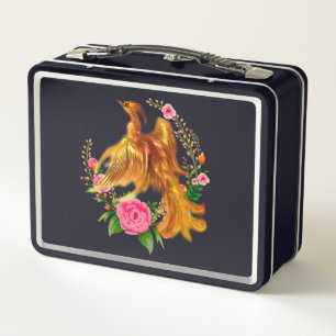 Floral Phoenix Rises From The Fiery Ashes Fantasy Metal Lunch Box