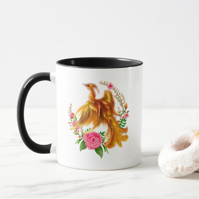 Floral Phoenix Rises From The Fiery Ashes Fantasy  Mug (With Donut)