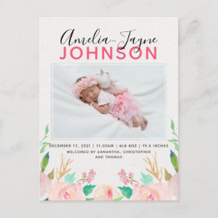 Floral Photo Birth Announcement Postcard