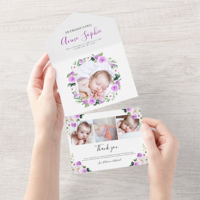 Floral Photo Birth Announcement & Thank You Card (Tearaway)
