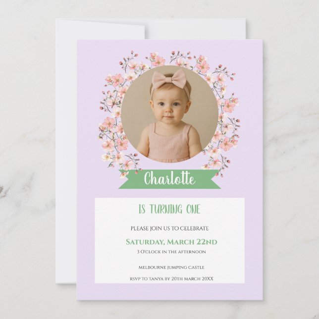 Floral Photo Birthday Invitation for Girl (Front)