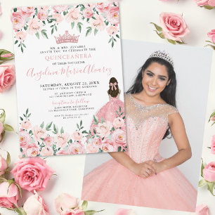 Floral Photo Blush Pink Quinceanera Invitation