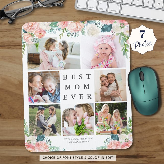 Floral Photo Collage BEST MOM EVER Personalised Mouse Mat (Creator Uploaded)
