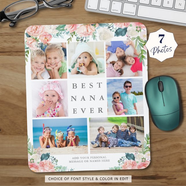 Floral Photo Collage BEST NANA EVER Personalized Mouse Mat (Creator Uploaded)