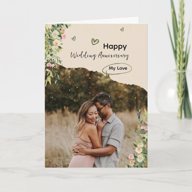 Floral Photo Collage Happy Wedding Anniversary Card (Front)