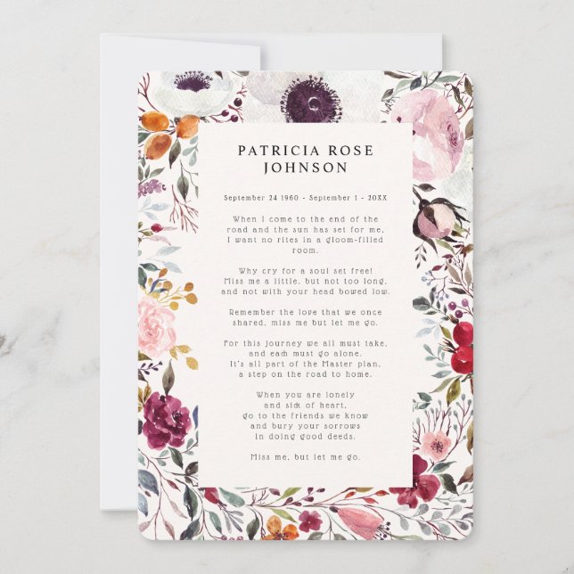 Floral Photo Funeral Memorial Poem Announcement (Front)