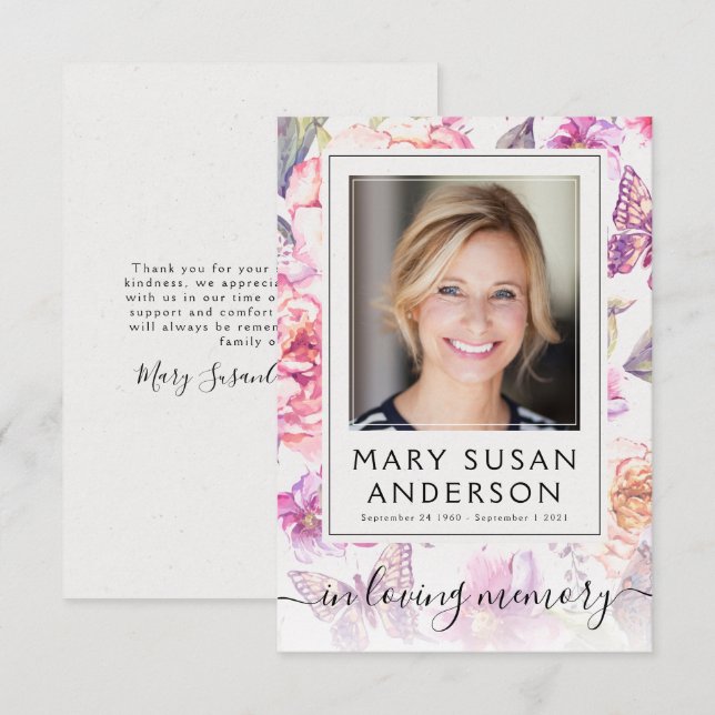 Floral Photo Funeral Memorial Thank You Note Card (Front/Back)