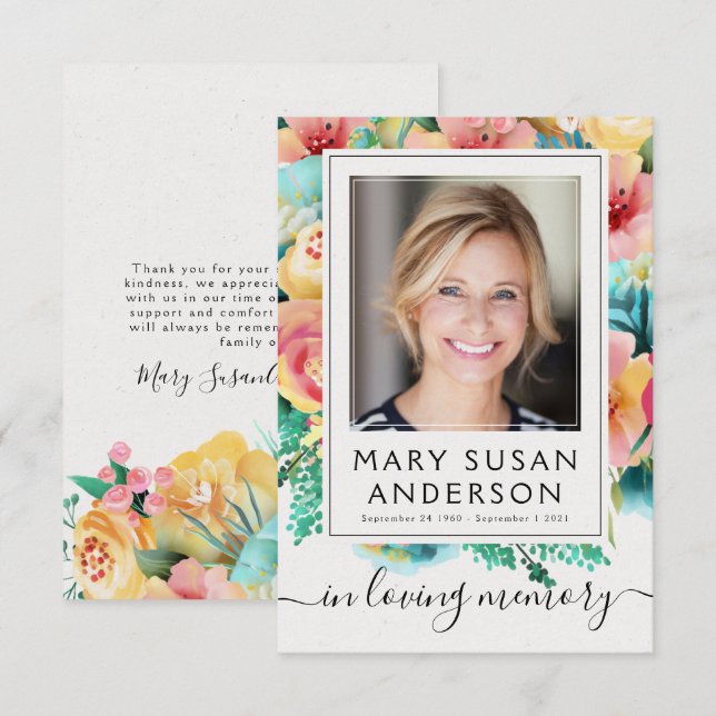 Floral Photo Funeral Memorial Thank You Note Card (Front/Back)