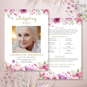Floral Photo Funeral Order Of Service Program Invitation