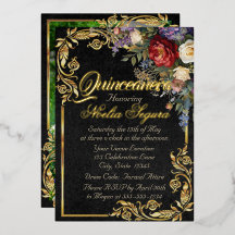 Floral, Photo & Gold Frame - Black Quinceanera 