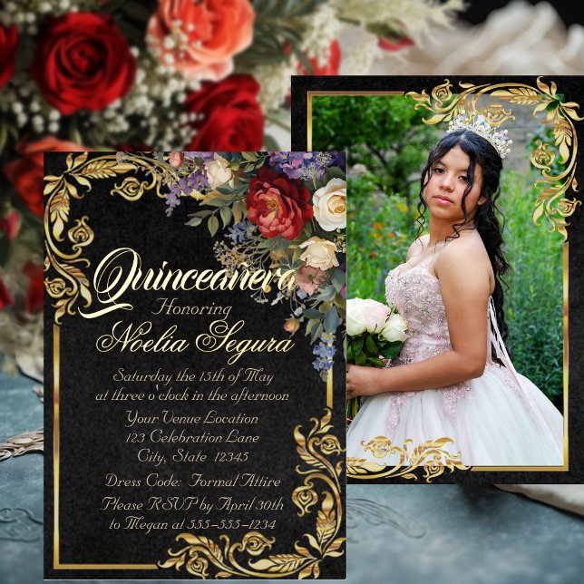 Floral, Photo & Gold Frame - Black Quinceanera  (Creator Uploaded)