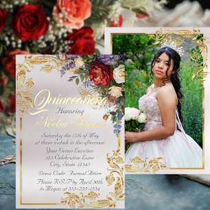 Floral, Photo & Gold Frame - Pearl Quinceanera