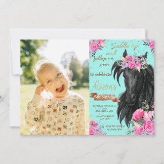 Floral Photo Horse Birthday Theme Invitation