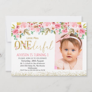 Floral  Photo Little Miss Onederful Birthday Invitation
