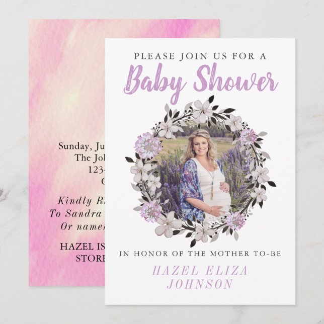 Floral Photo Maternity Baby Shower  Invitation (Front/Back)