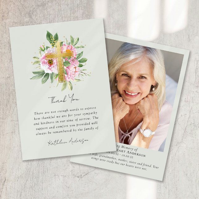 Floral Photo Memorial Sympathy Funeral Thank You Card (Creator Uploaded)