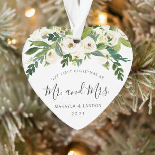 Floral Photo Newlywed Our First Christmas Ornament