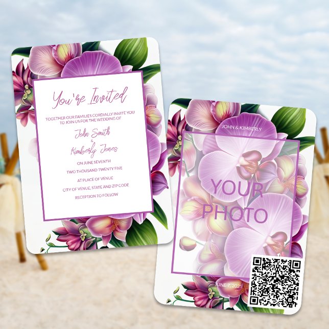 Floral Photo Wedding Invitation QR Code (Add your photo and your very own QR code with these floral orchids in bloom wedding invitations)