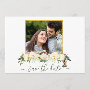 Floral Photo White Gold Lanterns Save The Date Invitation