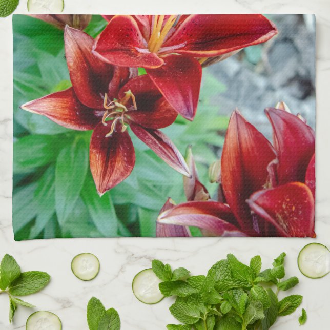 Floral Photography, Red Stargazer Lily Tea Towel (Folded)