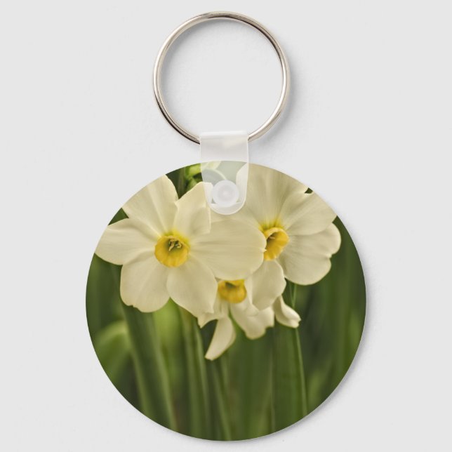 Floral Photography:  White Spring Narcissus Key Ring (Front)