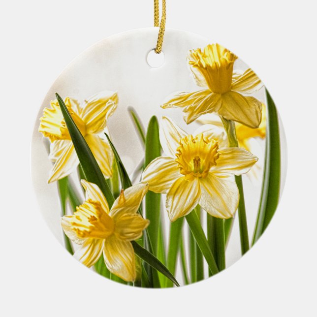 Floral Photography:  Yellow Spring Daffodils Ceramic Tree Decoration (Front)