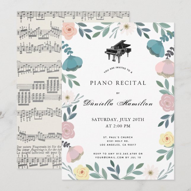 Floral Piano White Recital Invitation (Front/Back)