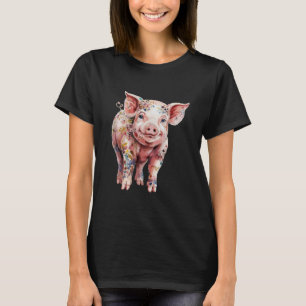 Floral Piglet Whimsy Farm Animal Art T-Shirt