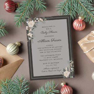 Floral Pine Holiday Winter Christmas Baby Shower Invitation