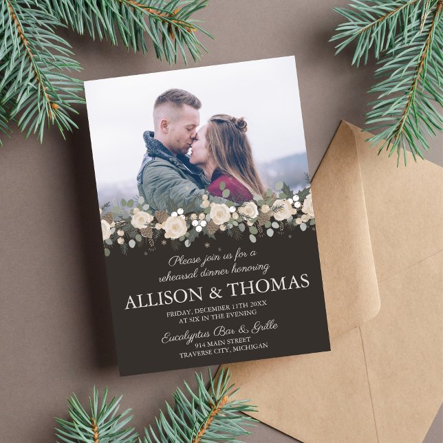 Floral Pine Holiday Winter Rehearsal Dinner Invitation (Creator Uploaded)