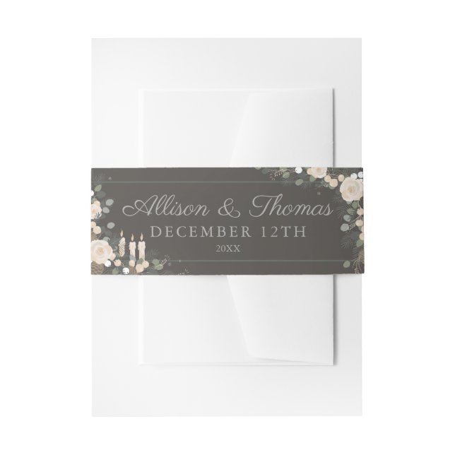 Floral Pine Winter Holiday Candles Wedding Invitation Belly Band (Front Example)