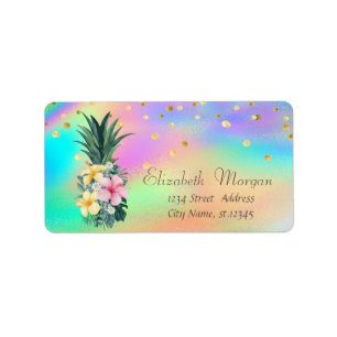 Floral Pineapple Confetti Colourful Holographic  Label