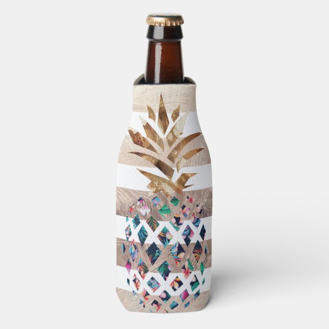 Floral Pineapple gold striped design Bottle Cooler (Bottle Front)