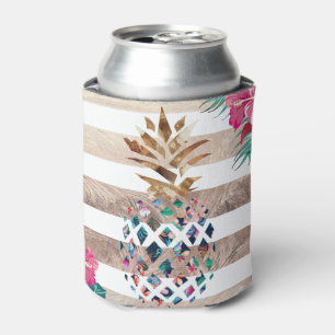 Floral Pineapple gold striped design Can Cooler