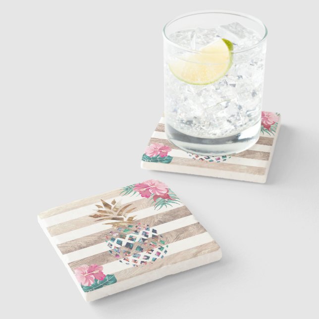 Floral Pineapple gold striped design Stone Coaster (Side)